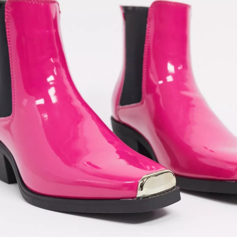 ASOS cuban heel western chelsea boot in pink faux leather with square toe